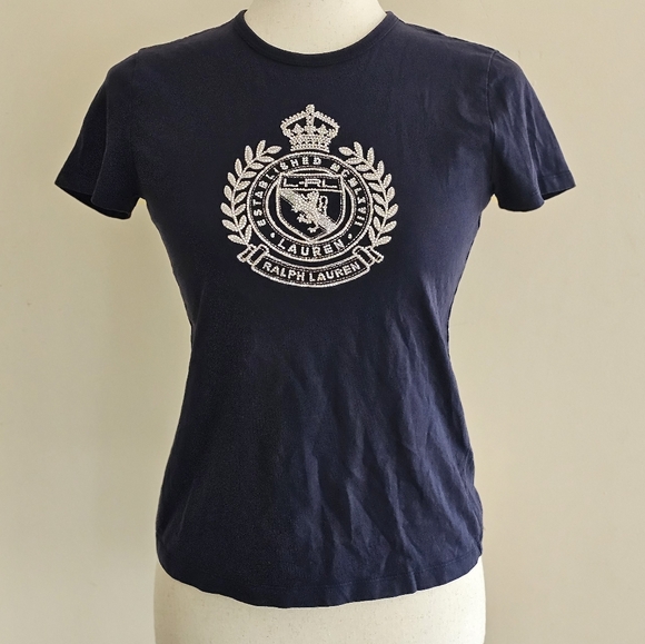 Vintage L-RL Ralph Lauren Lauren Active Petite XS Navy Blue Crest Rhinestone Tee - Picture 1 of 11
